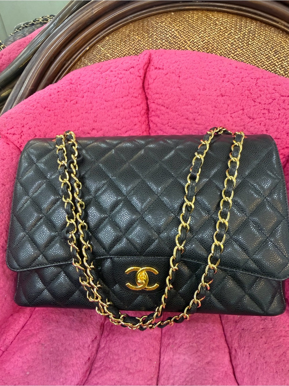 CHANEL Black Quilted Leather Double Flap Shoulder Bag with Gold Hardware